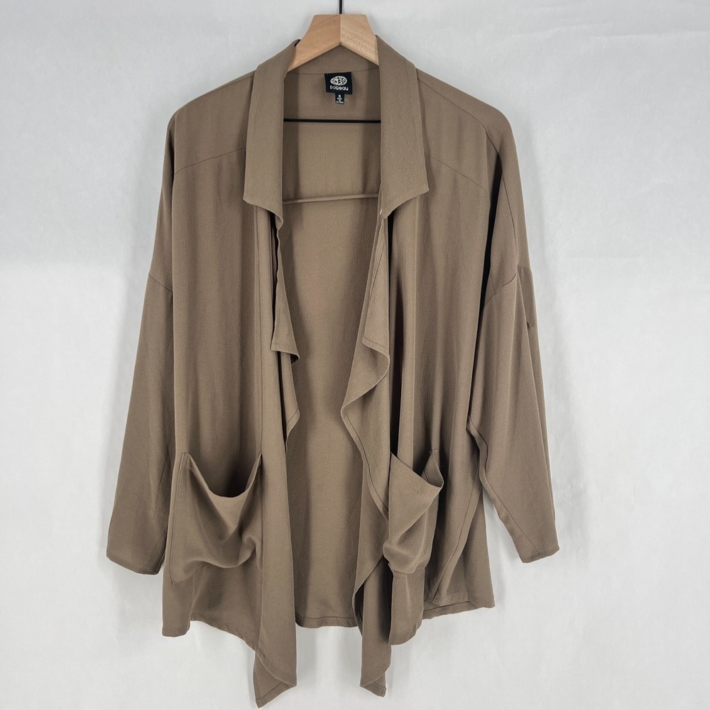 Bobeau Jacket Women Small Brown Crepe Roll Tab Sleeve Draped Detail Open Front